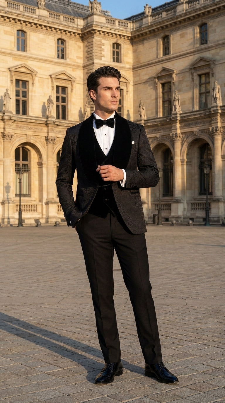 Men’s Black With Velvet collar 3 Piece Tuxedo Suit – Floral Jacquard Dinner Jacket with  Vest and Bowtie - 34 Short or Extra Small