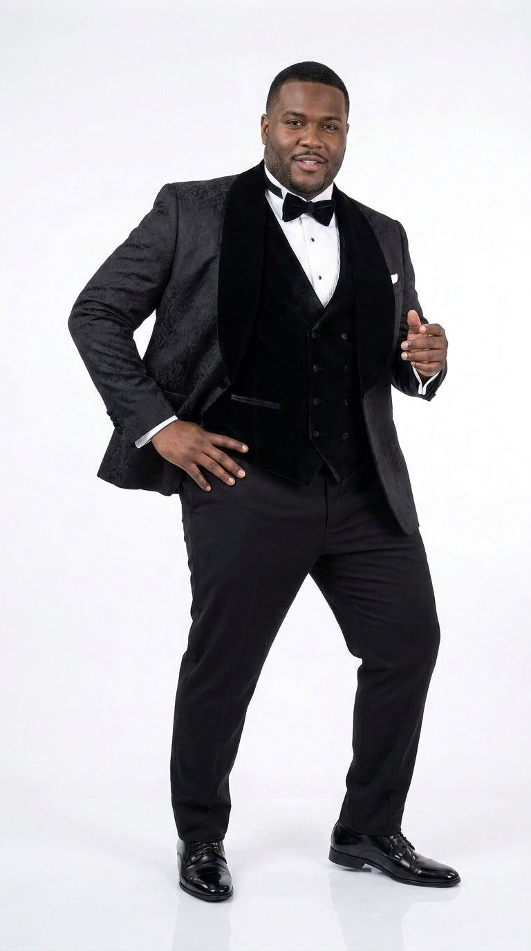 Men’s Black With Velvet collar 3 Piece Tuxedo Suit – Floral Jacquard Dinner Jacket with  Vest and Bowtie - 34 Short or Extra Small