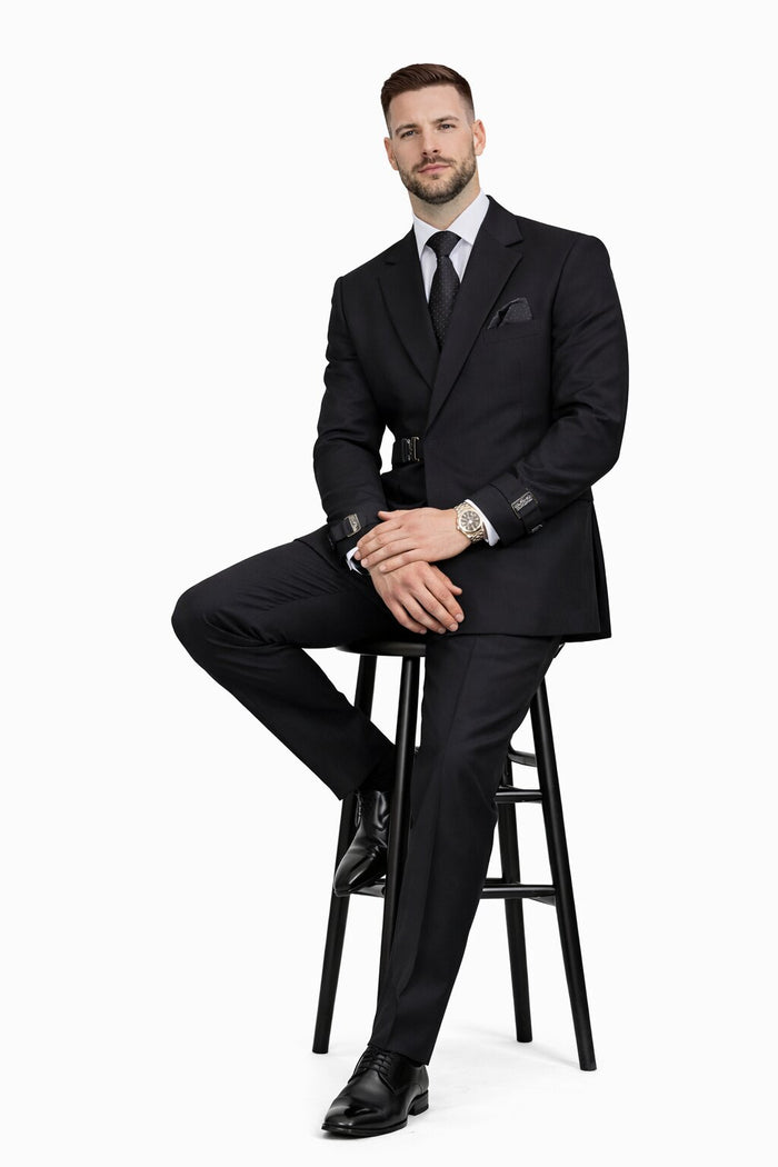 Mens Black Double Breasted Wool Suit with Metal Buckle Closure