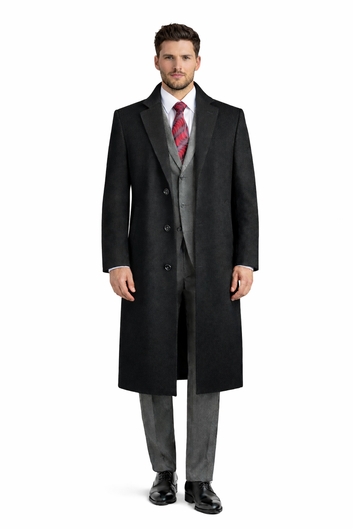 Men's Black Wool & Cashmere Overcoat Classic Full Length Topcoat