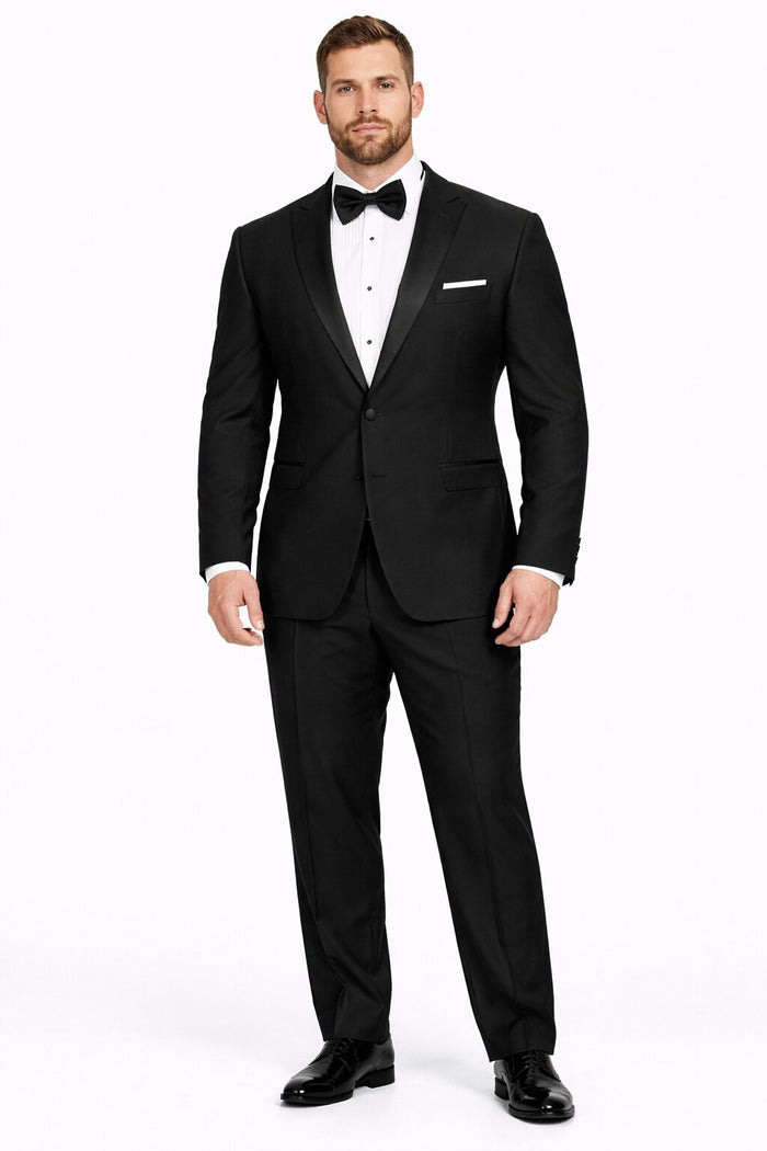Tiglio Mens Slim Fit Black Wool Tuxedo Satin Peak Lapel Formal Dinner Suit