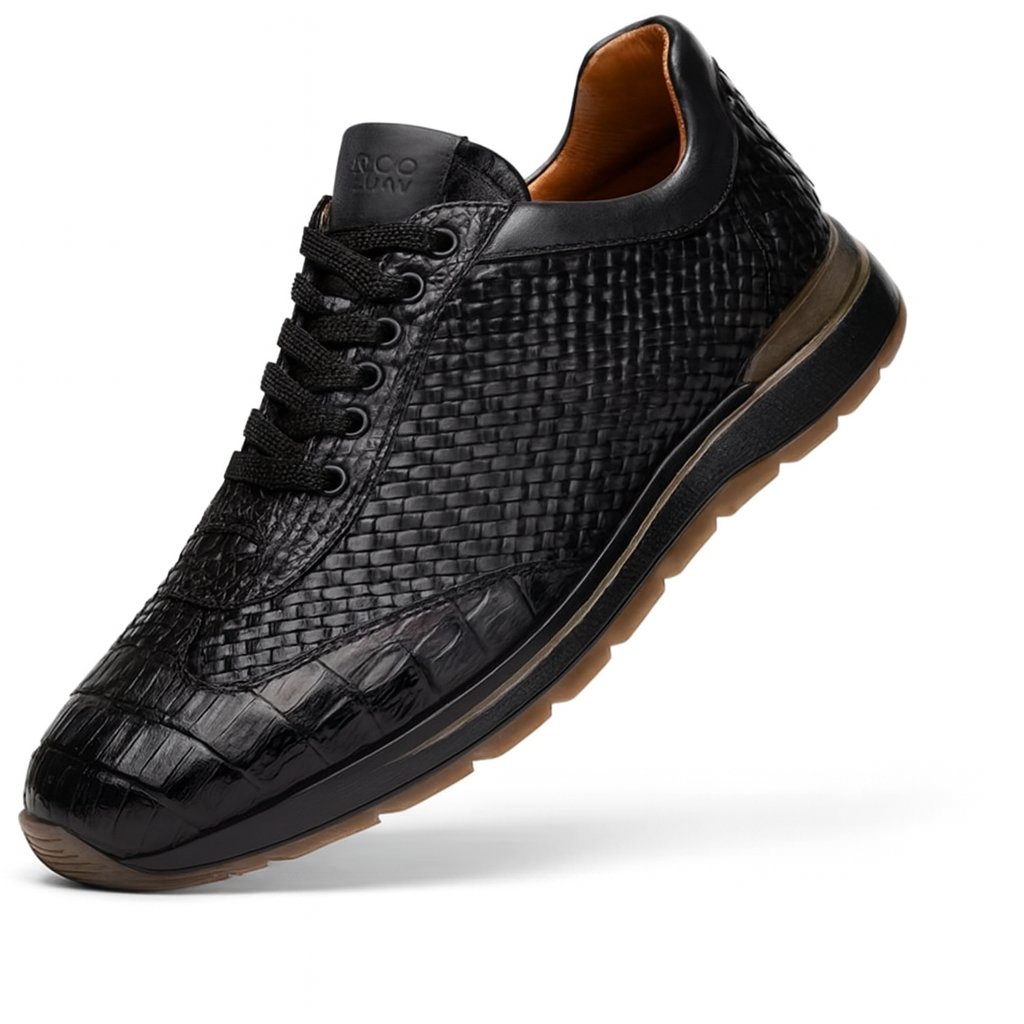 Marco Di Milano Roma Men's Shoes Black Genuine Caiman Crocodile / Woven Leather Fashion Sneakers - 8