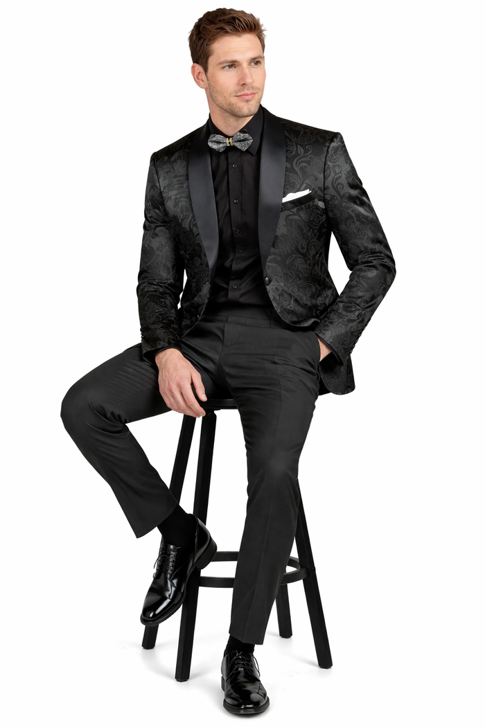 Mens Blazer - Paisley Sport Coat - Black Prom 2026 Tuxedo Dinner Jacket Blazer