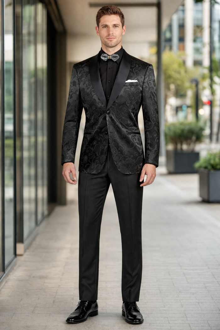 Mens Blazer - Paisley Sport Coat - Black Prom 2026 Tuxedo Dinner Jacket Blazer