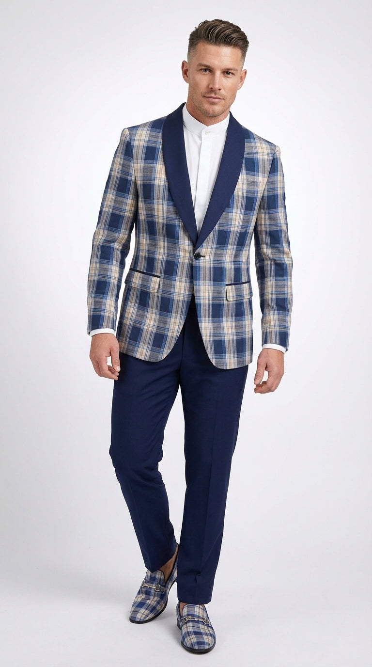 Mens Blue and White - Royal Plaid Tuxedo Suit Set – Checkered Prom Suit with Navy Pants Christmas Holiday New Year Jacket - 36 Short