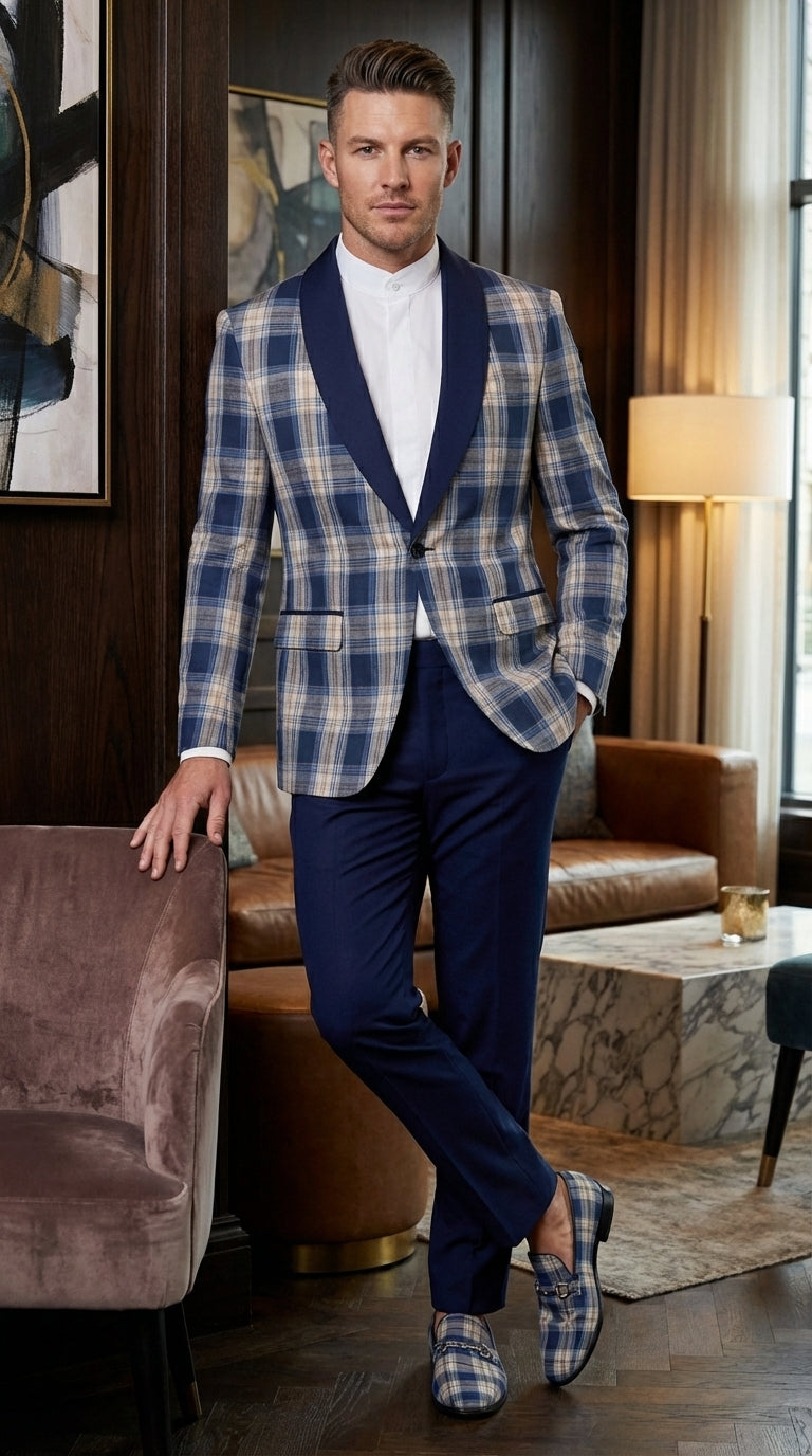 Mens Blue and White - Royal Plaid Tuxedo Suit Set – Checkered Prom Suit with Navy Pants Christmas Holiday New Year Jacket - 36 Short