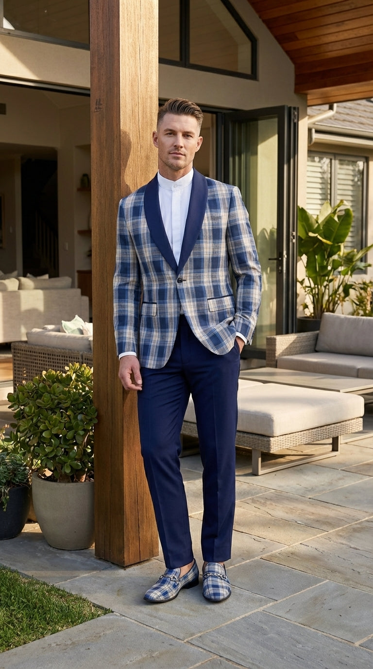 Mens Blue and White - Royal Plaid Tuxedo Suit Set – Checkered Prom Suit with Navy Pants Christmas Holiday New Year Jacket - 36 Short