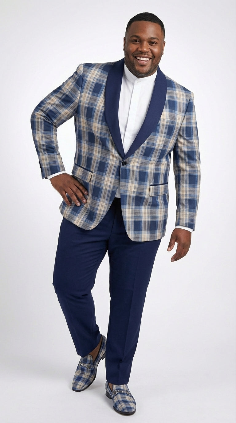 Mens Blue and White - Royal Plaid Tuxedo Suit Set – Checkered Prom Suit with Navy Pants Christmas Holiday New Year Jacket - 36 Short
