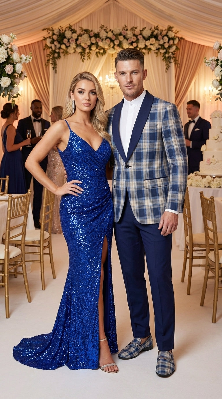Mens Blue and White - Royal Plaid Tuxedo Suit Set – Checkered Prom Suit with Navy Pants Christmas Holiday New Year Jacket - 36 Short