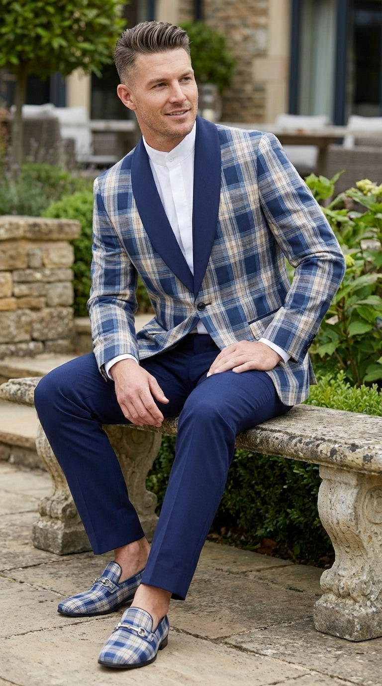 Mens Blue and White - Royal Plaid Tuxedo Suit Set – Checkered Prom Suit with Navy Pants Christmas Holiday New Year Jacket - 36 Short