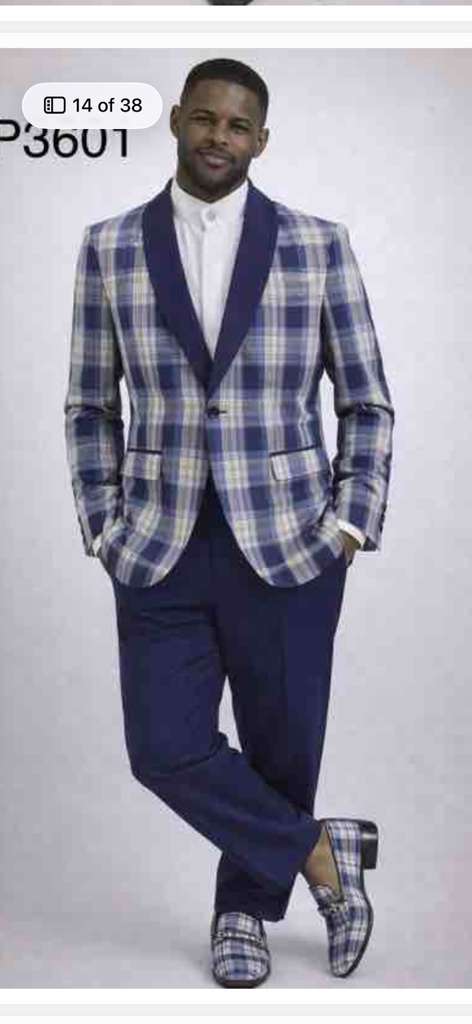 Mens Blue and White - Royal Plaid Tuxedo Suit Set – Checkered Prom Suit with Navy Pants Christmas Holiday New Year Jacket - 36 Short