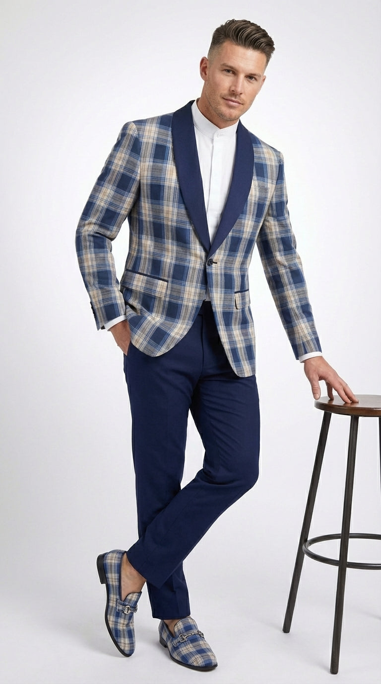 Mens Blue and White - Royal Plaid Tuxedo Suit Set – Checkered Prom Suit with Navy Pants Christmas Holiday New Year Jacket - 36 Short
