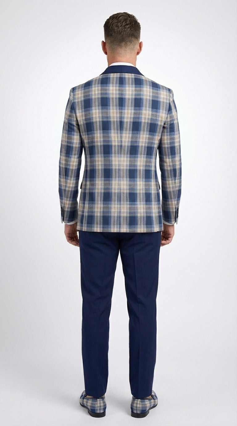 Mens Blue and White - Royal Plaid Tuxedo Suit Set – Checkered Prom Suit with Navy Pants Christmas Holiday New Year Jacket - 36 Short