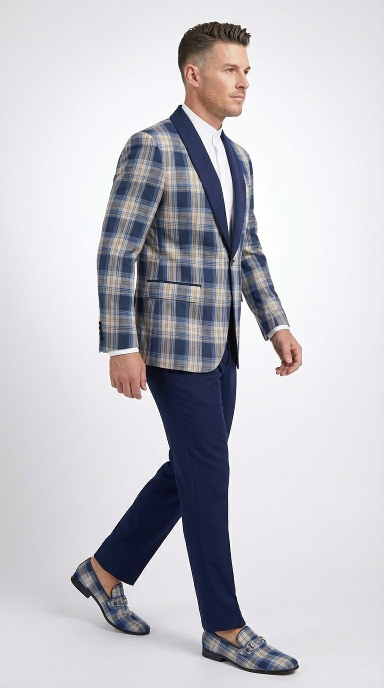 Mens Blue and White - Royal Plaid Tuxedo Suit Set – Checkered Prom Suit with Navy Pants Christmas Holiday New Year Jacket - 36 Short
