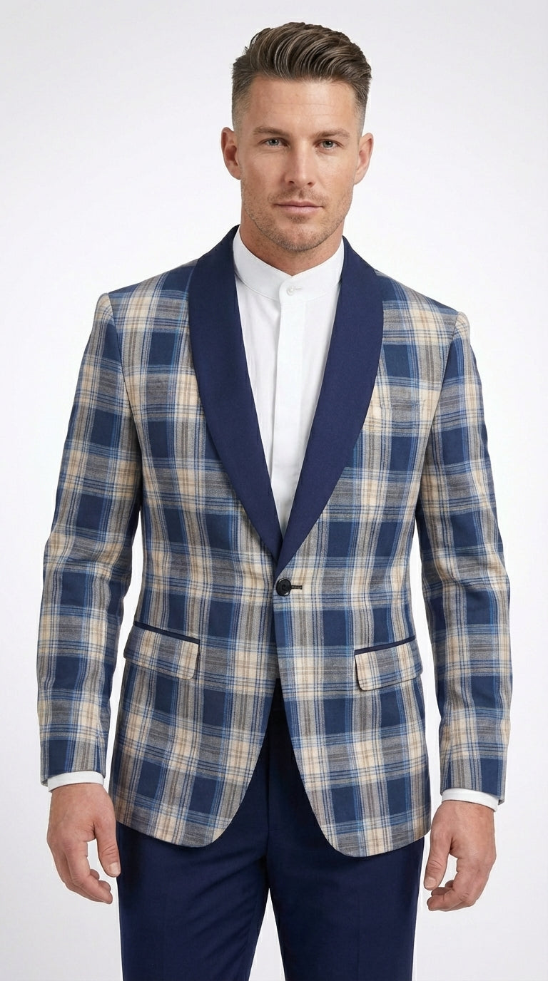 Mens Blue and White - Royal Plaid Tuxedo Suit Set – Checkered Prom Suit with Navy Pants Christmas Holiday New Year Jacket - 36 Short