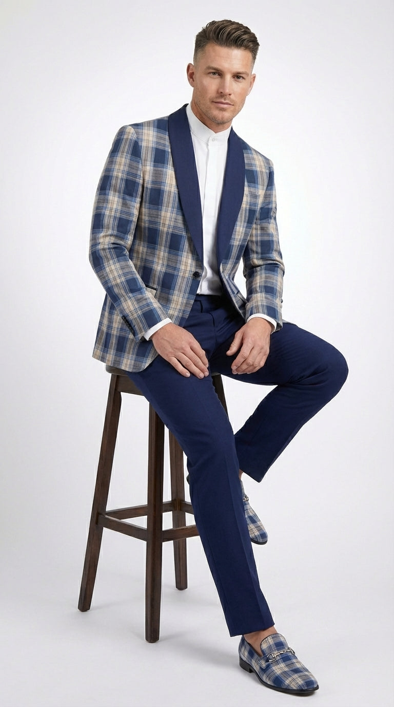 Mens Blue and White - Royal Plaid Tuxedo Suit Set – Checkered Prom Suit with Navy Pants Christmas Holiday New Year Jacket - 36 Short