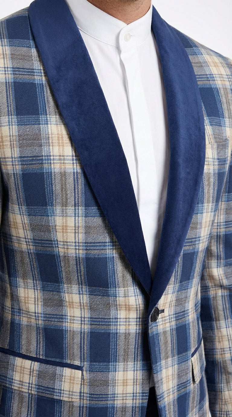Mens Blue and White - Royal Plaid Tuxedo Suit Set – Checkered Prom Suit with Navy Pants Christmas Holiday New Year Jacket - 36 Short