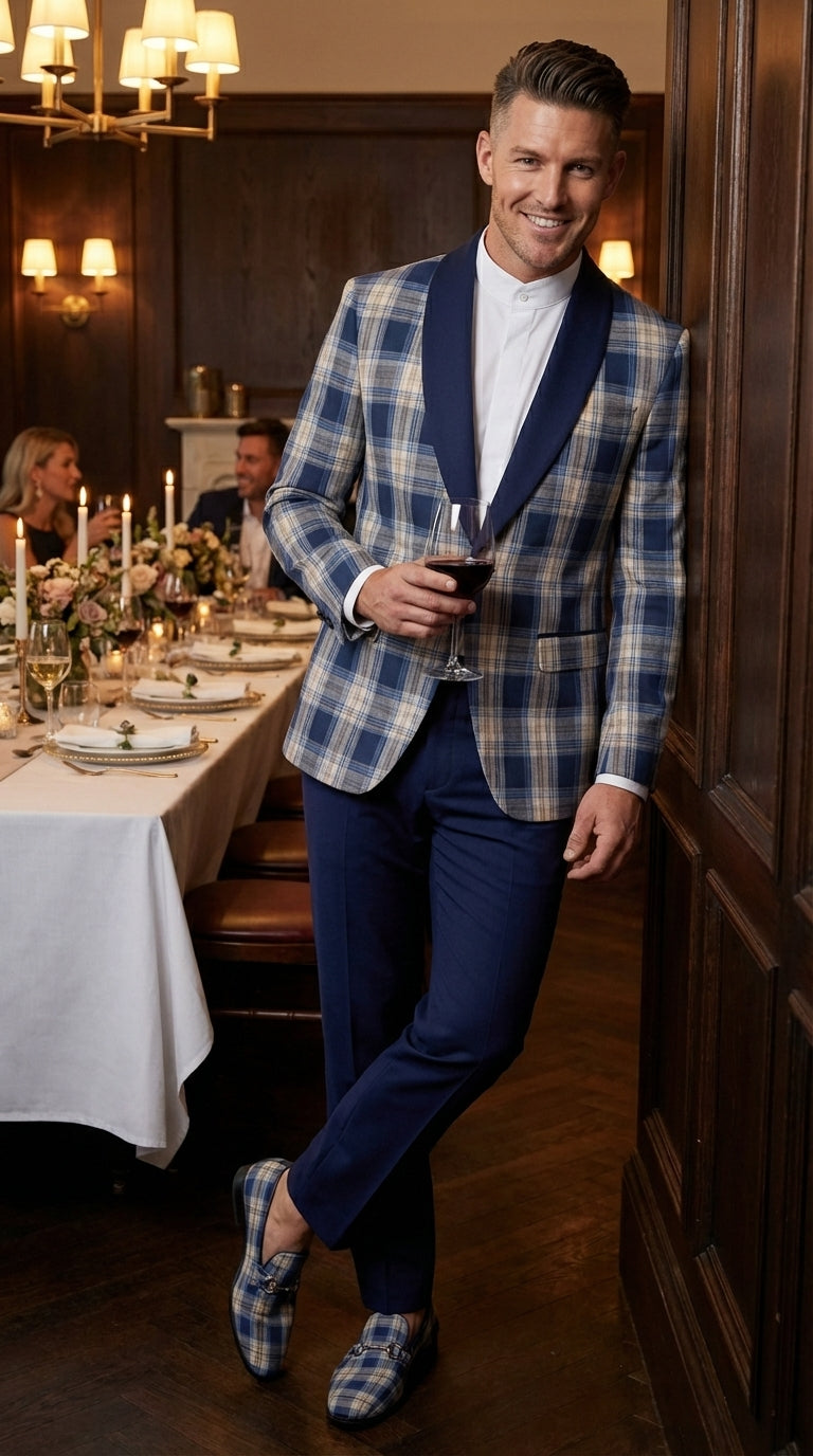 Mens Blue and White - Royal Plaid Tuxedo Suit Set – Checkered Prom Suit with Navy Pants Christmas Holiday New Year Jacket - 36 Short