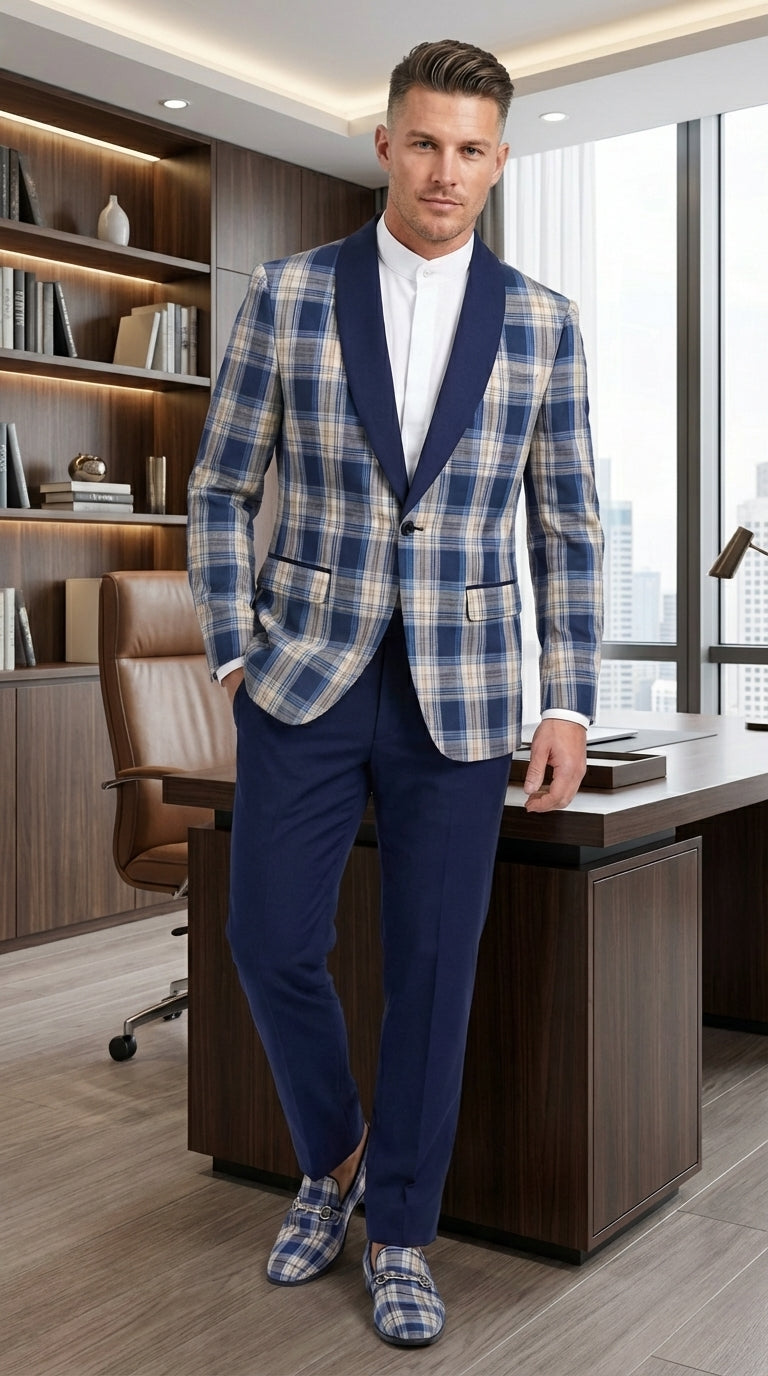 Mens Blue and White - Royal Plaid Tuxedo Suit Set – Checkered Prom Suit with Navy Pants Christmas Holiday New Year Jacket - 36 Short
