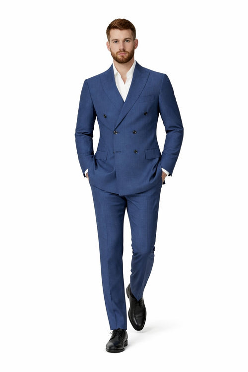 Mens Blue Wool Tiglio Double Breasted Suit Classic Peak Lapel Suit