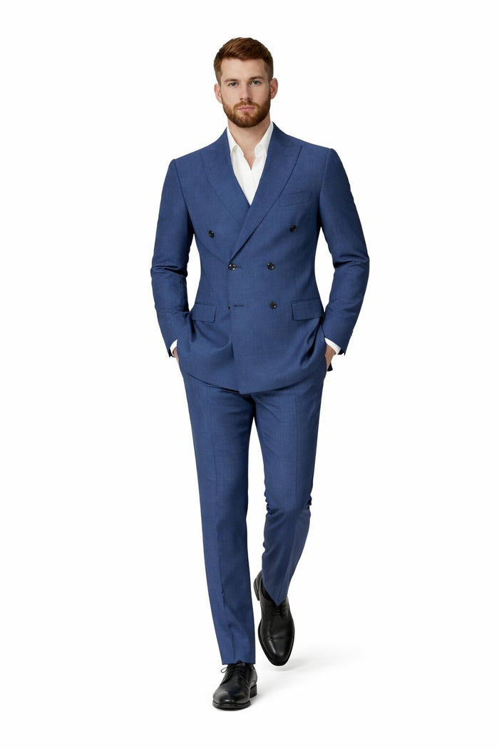 Mens Blue Wool Tiglio Double Breasted Suit Classic Peak Lapel Suit