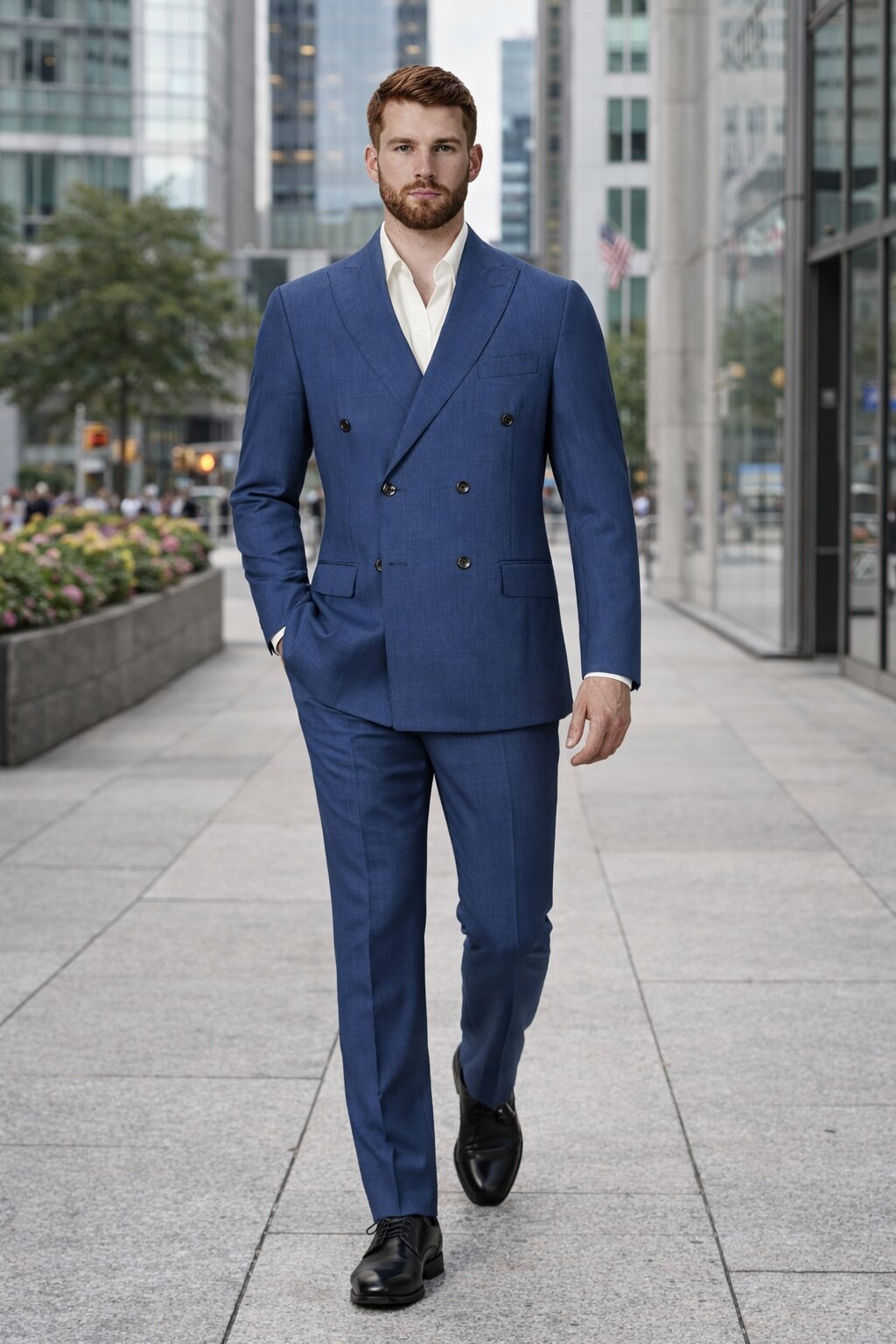 Mens Blue Wool Tiglio Double Breasted Suit Classic Peak Lapel Suit