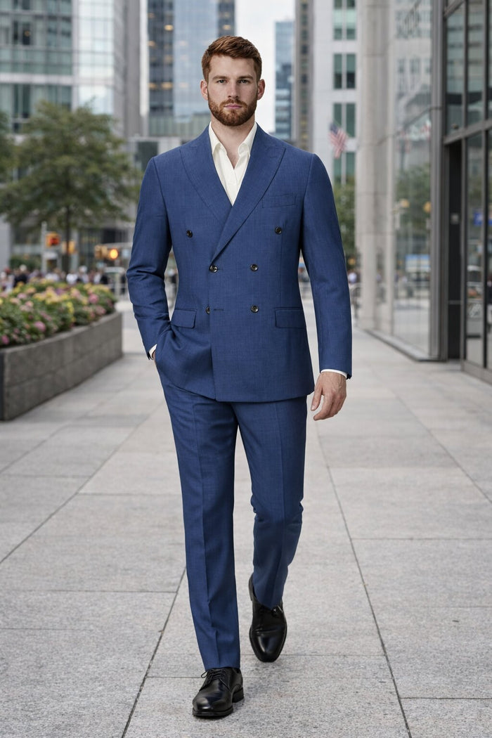 Mens Blue Wool Tiglio Double Breasted Suit Classic Peak Lapel Suit