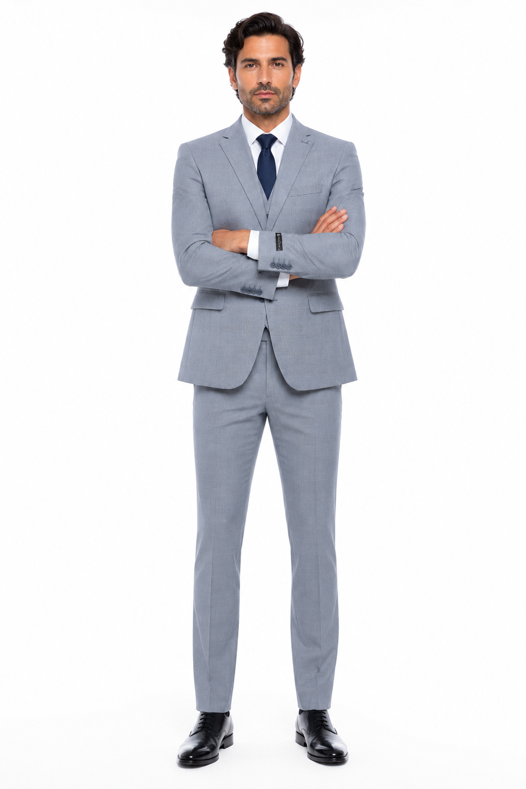 Men’s Blue Plaid 3-Piece Tailored Fit Suit with Vest - 34 Short or Extra Small