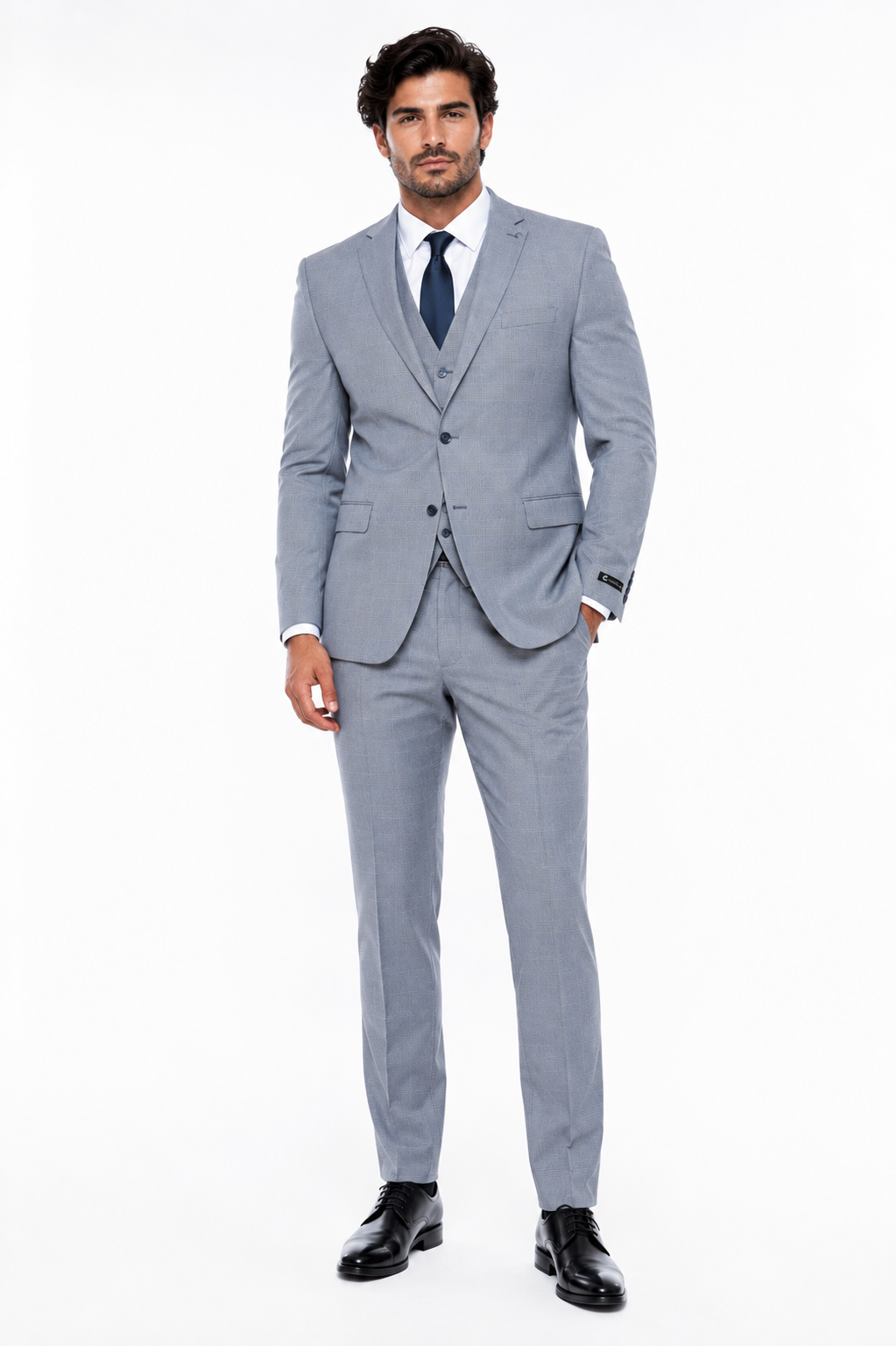 Men’s Blue Plaid 3-Piece Tailored Fit Suit with Vest - 34 Short or Extra Small