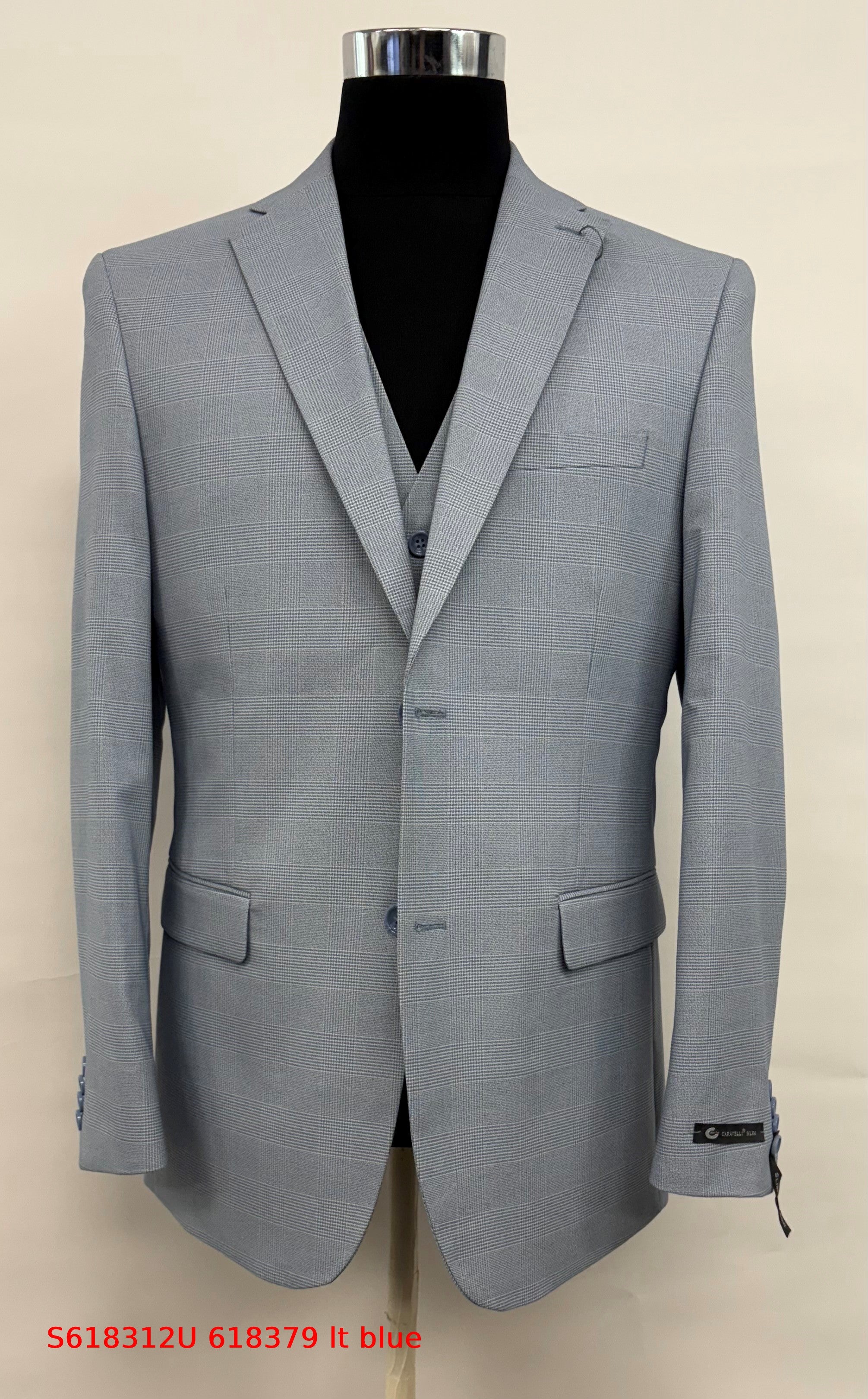 Men’s Blue Plaid 3-Piece Tailored Fit Suit with Vest - 34 Short or Extra Small