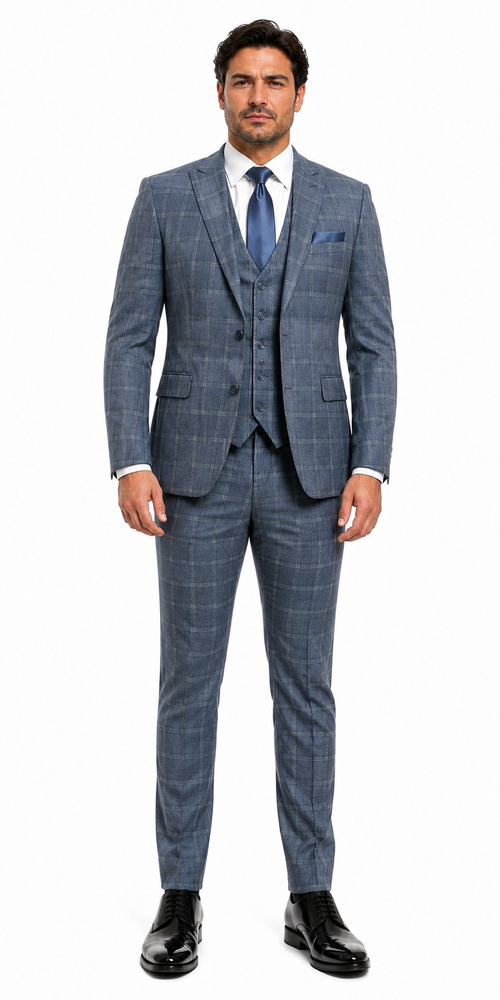 Mens Blue Windowpane Checkered Slim Fit Suit 3 Piece Stretch Business Suit