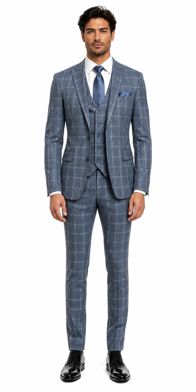 Mens Blue Windowpane Checkered Slim Fit Suit 3 Piece Stretch Business Suit
