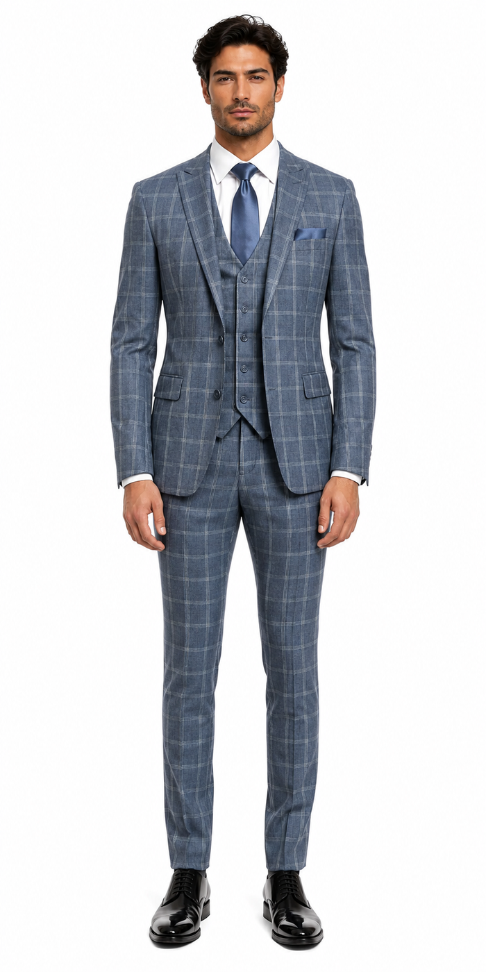 Mens Blue Windowpane Checkered Slim Fit Suit 3 Piece Stretch Business Suit