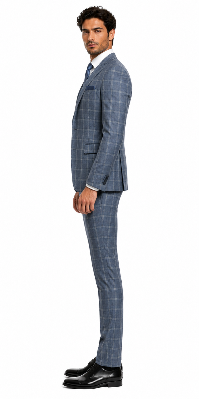 Mens Blue Windowpane Checkered Slim Fit Suit 3 Piece Stretch Business Suit