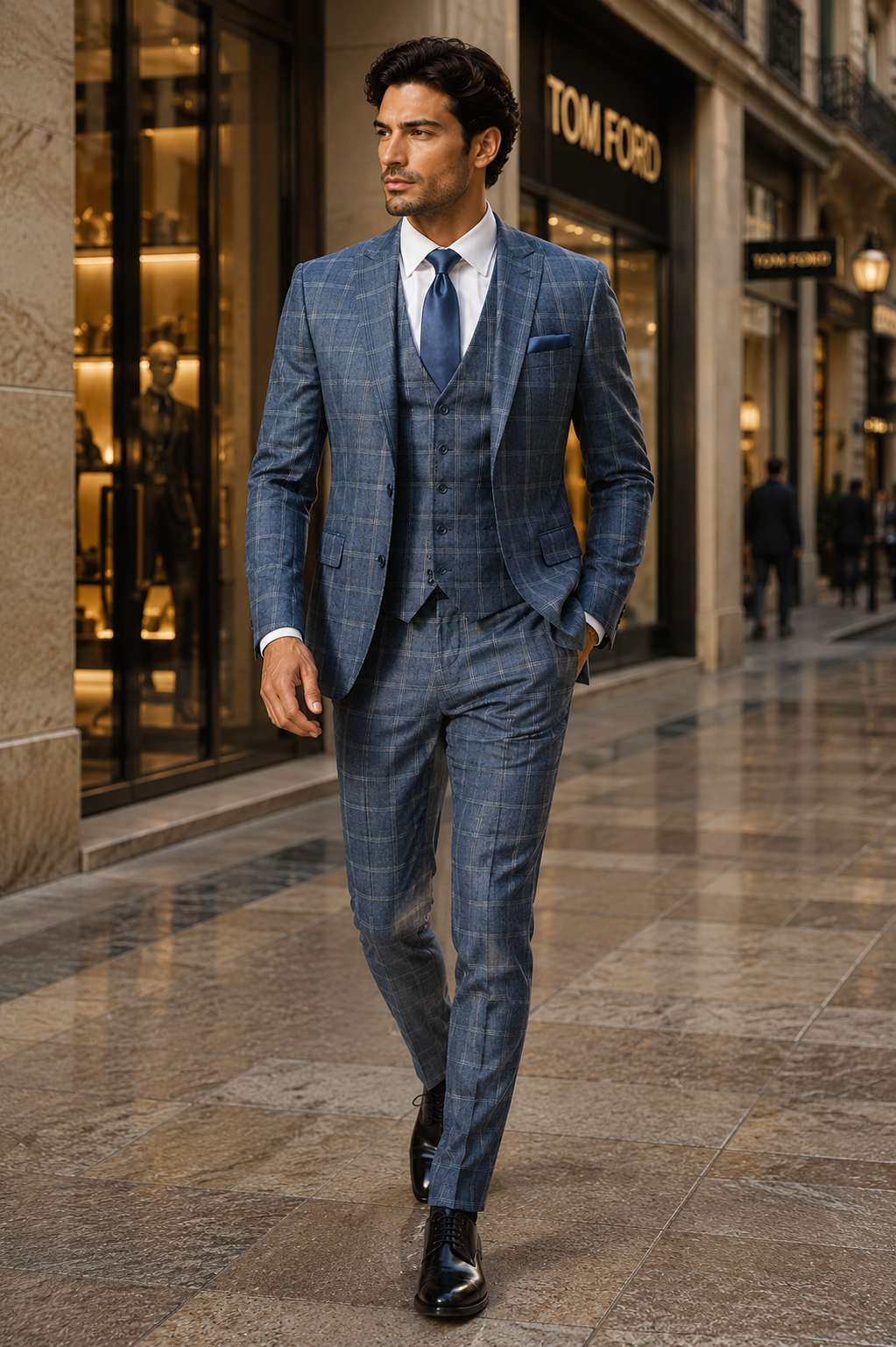 Mens Blue Windowpane Checkered Slim Fit Suit 3 Piece Stretch Business Suit