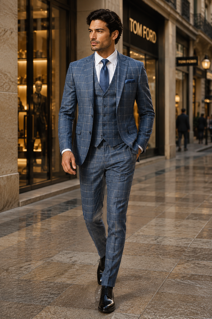 Mens Blue Windowpane Checkered Slim Fit Suit 3 Piece Stretch Business Suit