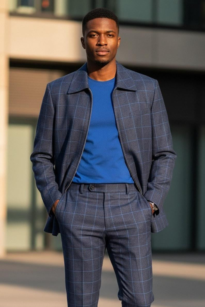 Mens Blue Windowpane Leisure Suit Size 48R BP6789 - Small