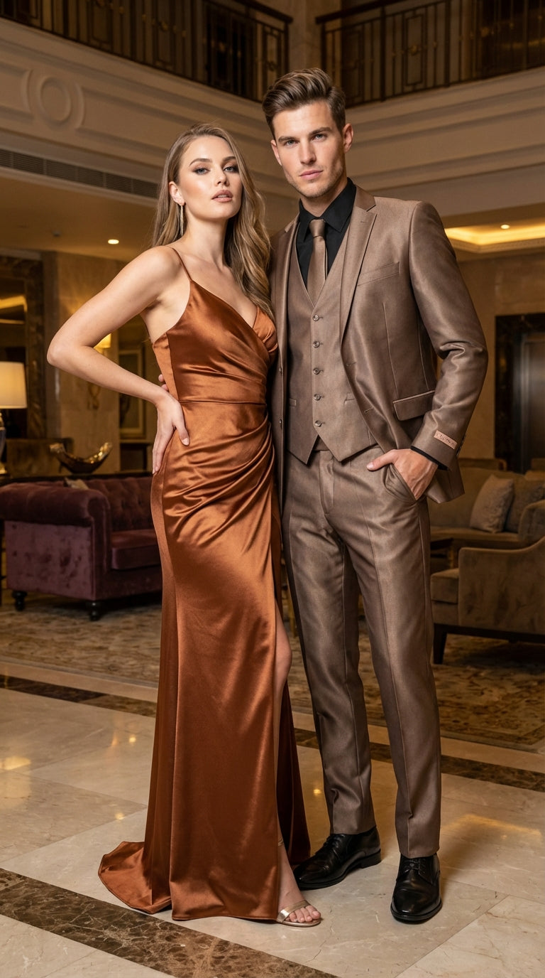 Mens Bronze Brown Mocco 3 Piece Suit Modern Formal Suit Set for Wedding, Prom and Business Events Light Brown Coffee Dark Tan - 34 Short or Extra Small