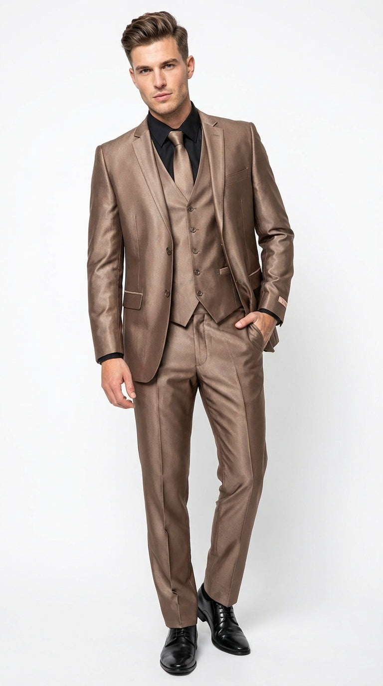 Mens Bronze Brown Mocco 3 Piece Suit Modern Formal Suit Set for Wedding, Prom and Business Events Light Brown Coffee Dark Tan - 34 Short or Extra Small