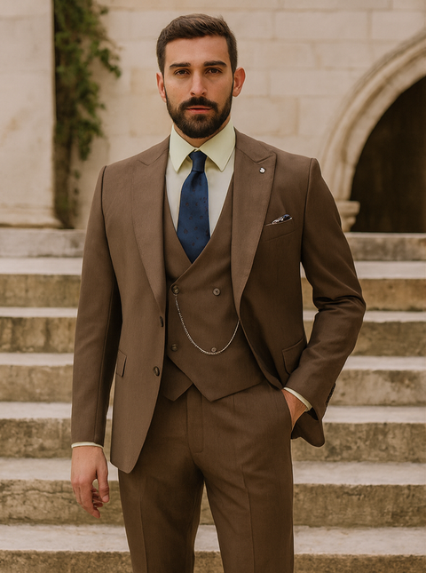 Elegant Brown Wedding Suit for Men – Three-Piece Groom Outfit