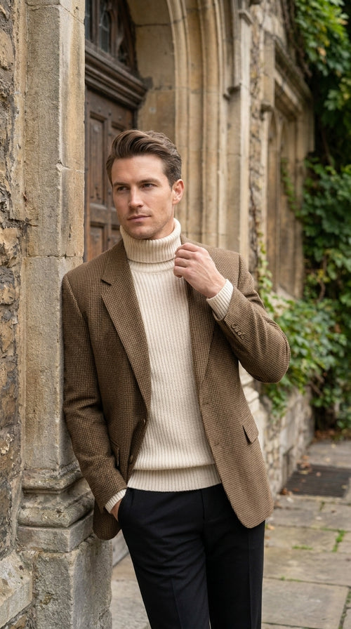 Mens Brown Houndstooth Blazer – Classic British Style 2 Button Checkered Texture Sport Coat for Fall, Winter Khaki Tan