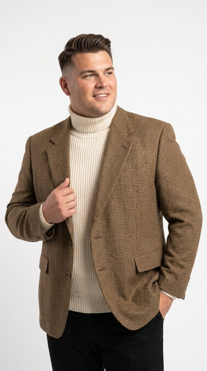 Mens Brown Houndstooth Blazer – Classic British Style 2 Button Checkered Texture Sport Coat for Fall, Winter Khaki Tan