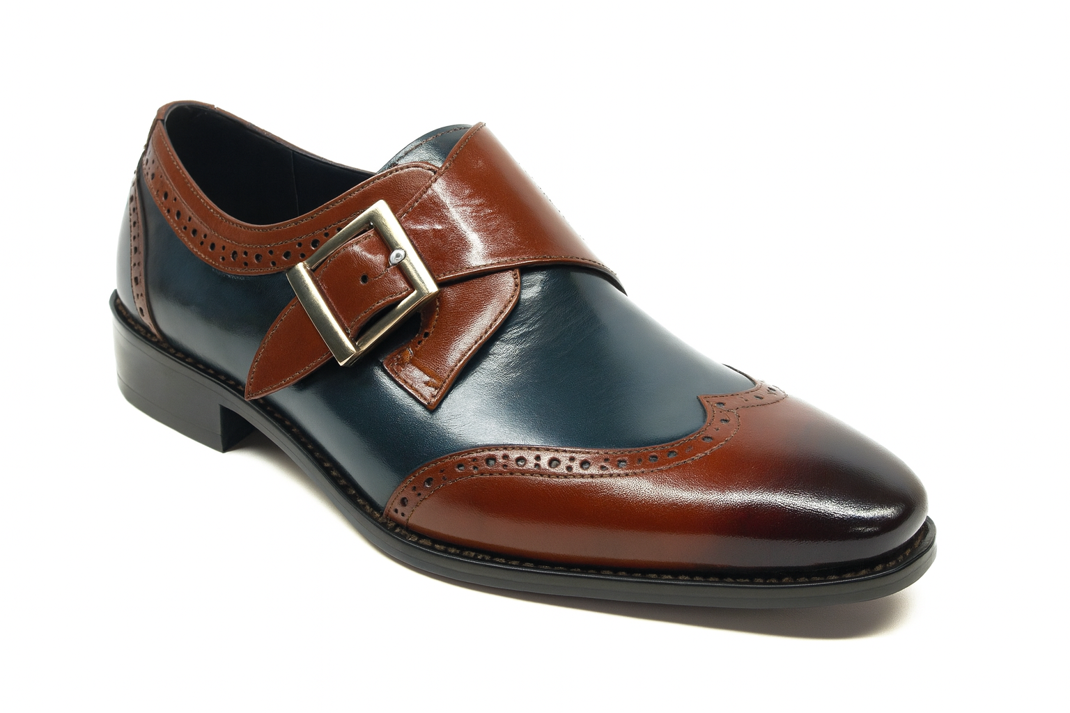 Mens Leather Wingtip Monk Strap Dress Shoe in Brown & Navy - 7.5