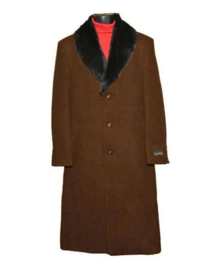Brown Fur Collar 3 Button Wool Ankle length Overcoat ~ Long men's Dress Topcoat - Winter coat