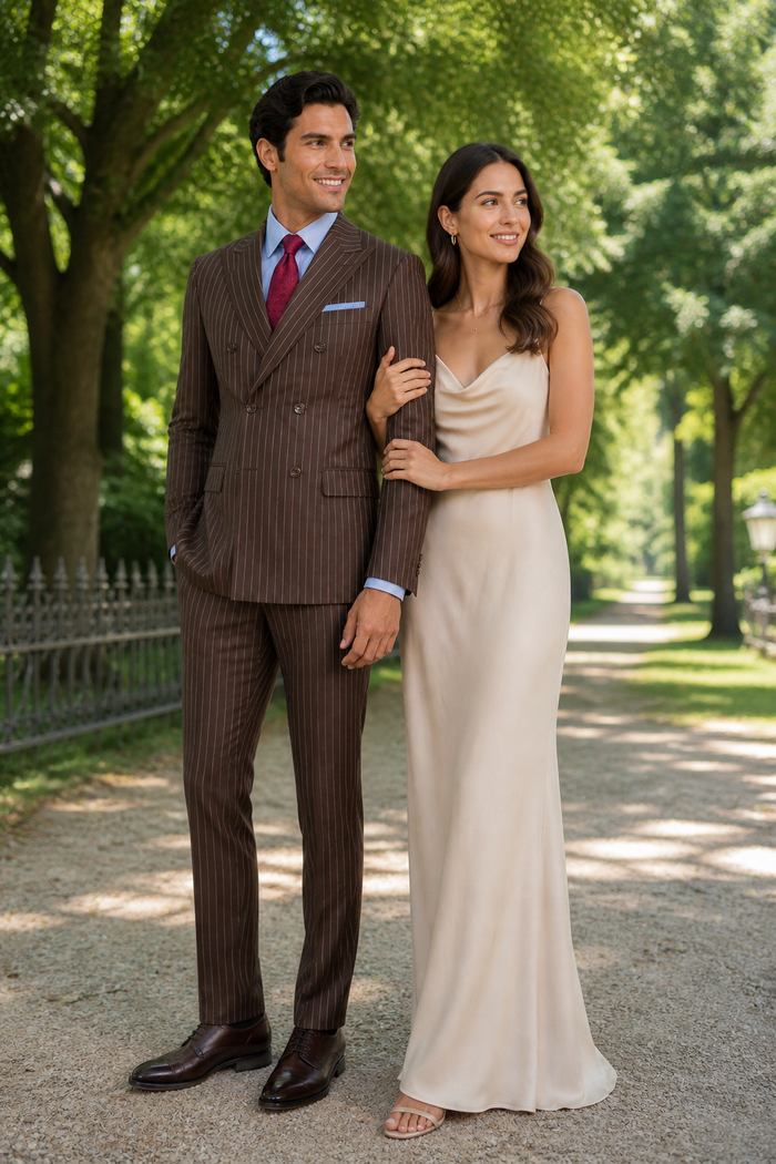 Mens Brown Pinstripe Double-Breasted Suit Classic 6-Button Business and Vintage Style