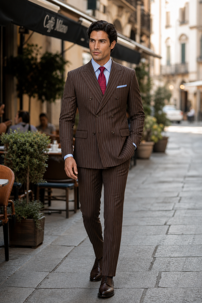 Mens Brown Pinstripe Double-Breasted Suit Classic 6-Button Business and Vintage Style