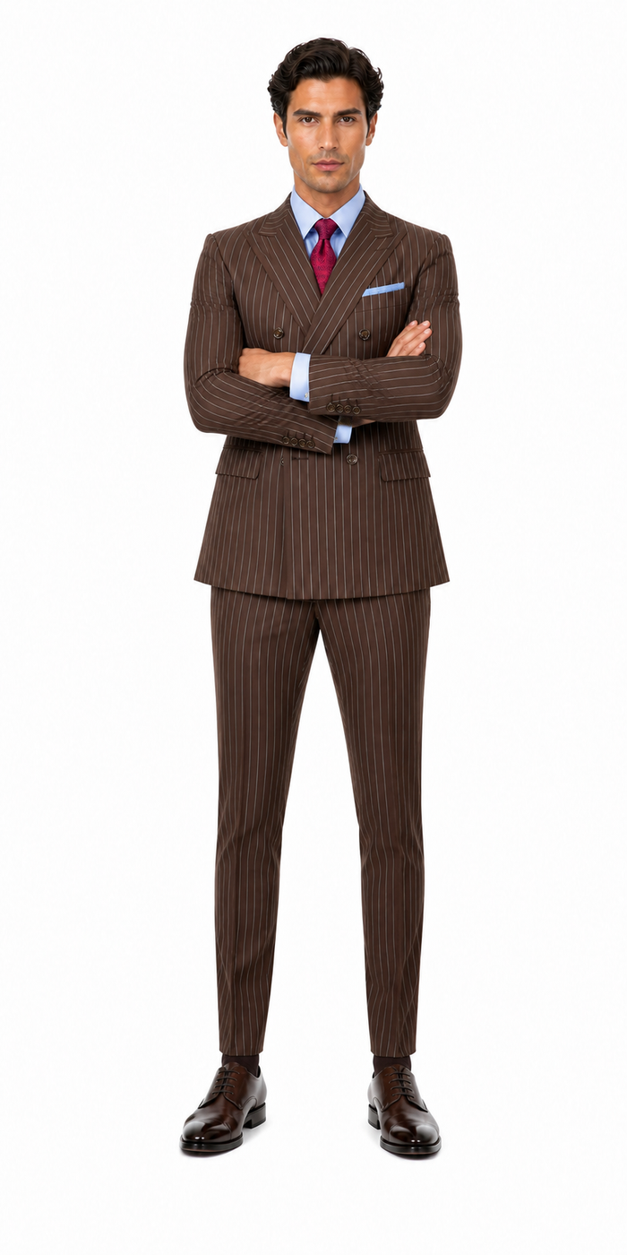 Mens Brown Pinstripe Double-Breasted Suit Classic 6-Button Business and Vintage Style