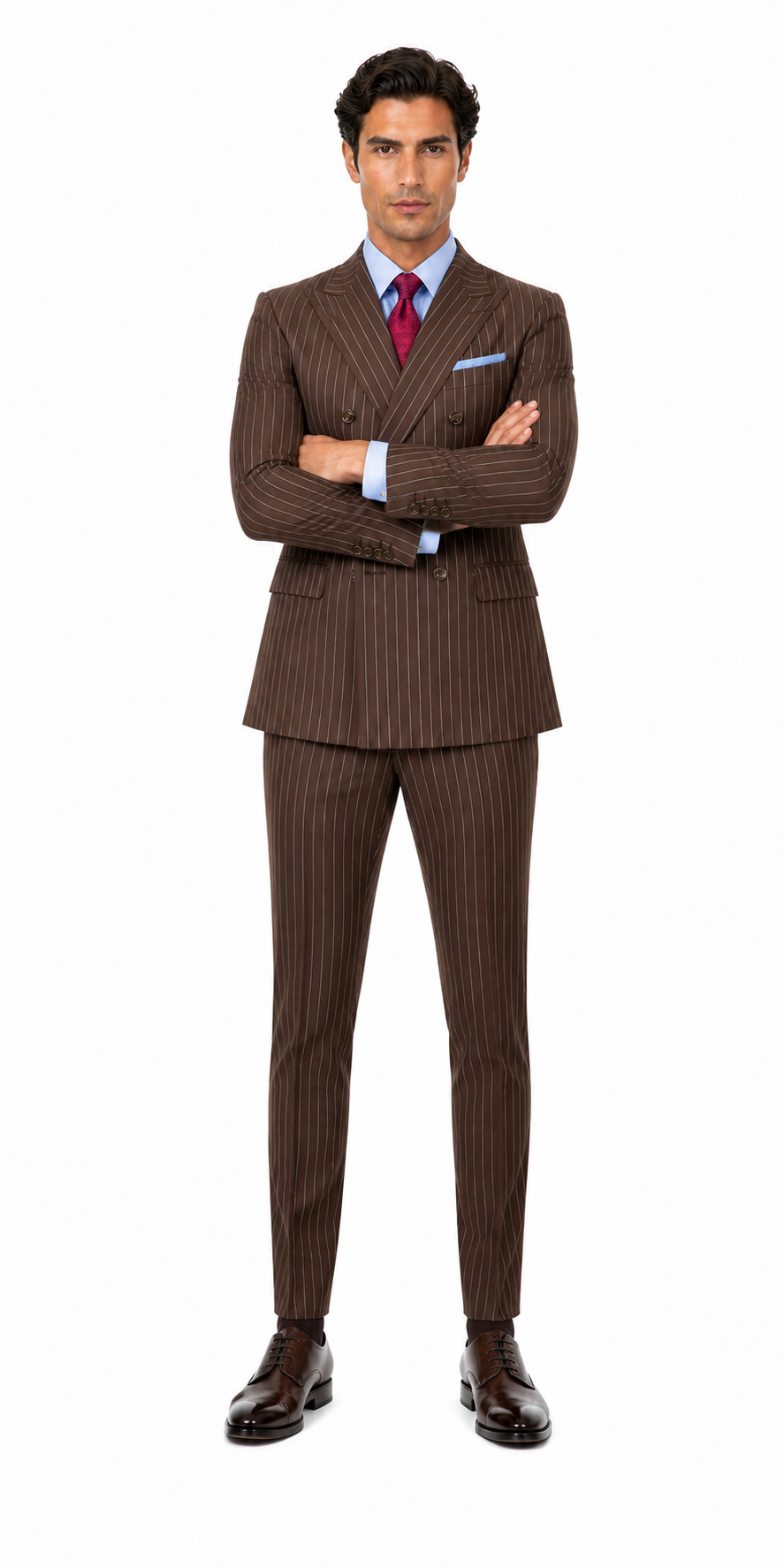 Mens Brown Pinstripe Double-Breasted Suit Classic 6-Button Business and Vintage Style