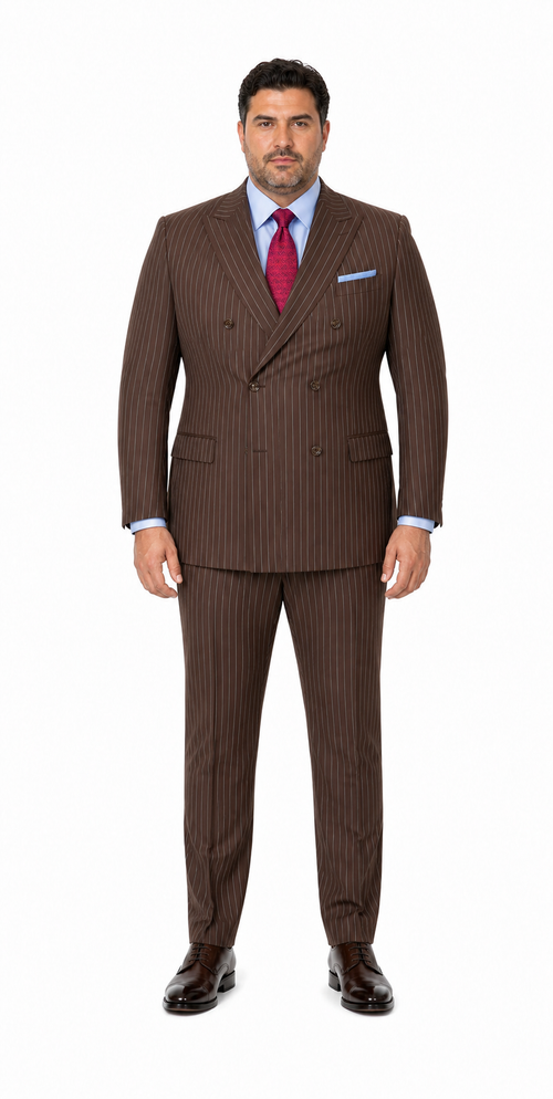 Mens Brown Pinstripe Double-Breasted Suit Classic 6-Button Business and Vintage Style
