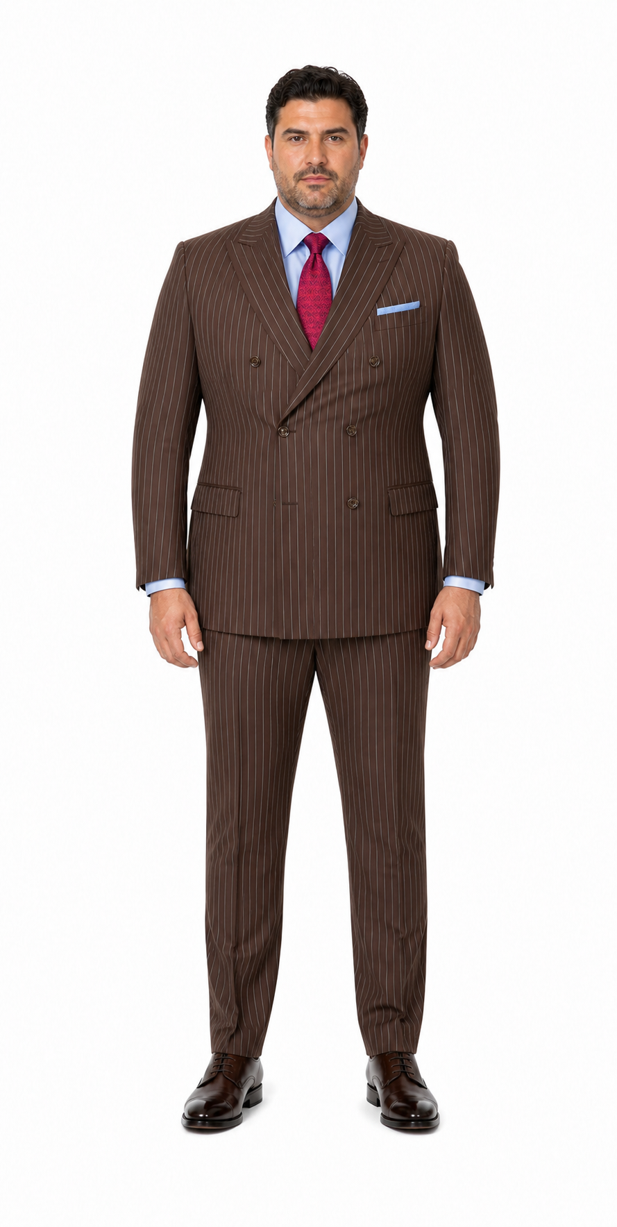 Mens Brown Pinstripe Double-Breasted Suit Classic 6-Button Business and Vintage Style
